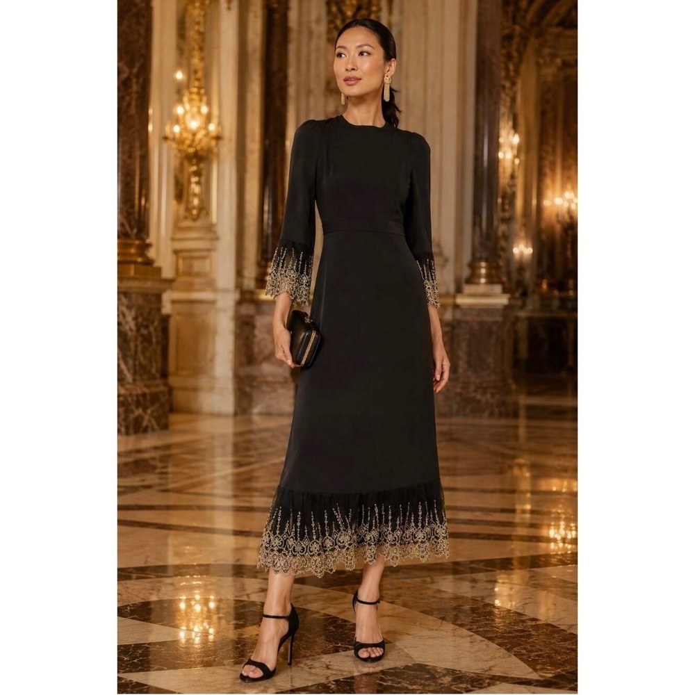 Pomander Place Lillith Dress Womens Medium Black Lace Trim Bell Sleeve Midi